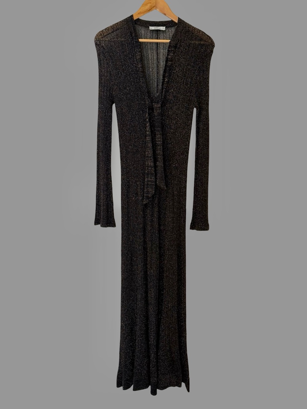 Zara Knit Black Gold Shimmer Long Sleeve V-Neck Maxi Dress S